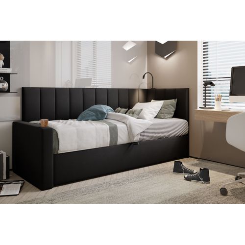 Lit Boxspring 90x200 Cm Tokio Avec Matelas Ressorts Intégré Et Rangement - Noir - Gauche