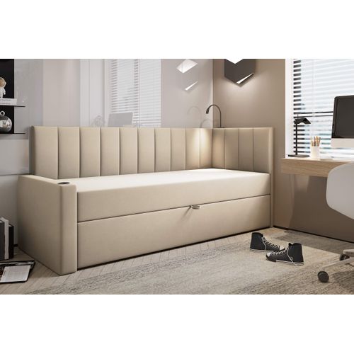 Lit Boxspring 100x200 Cm Tokio Avec Matelas Ressorts Intégré Et Rangement - Beige - Gauche