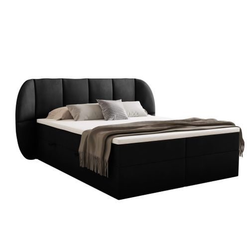 Lit Boxspring 140x200 Cm Bilbao Rangement Et Matelas Ressorts Ensachés En Velours Noir