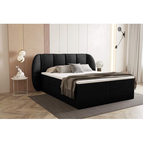 Lit Boxspring 160x200 Cm Bilbao Rangement Et Matelas Ressorts Ensachés En Velours Noir
