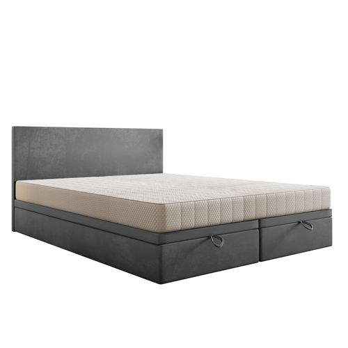 Lit Adulte 200x200 Cm Siesta Avec Rangement Et Matelas Ressorts Ensachés En Velours Gris Clair