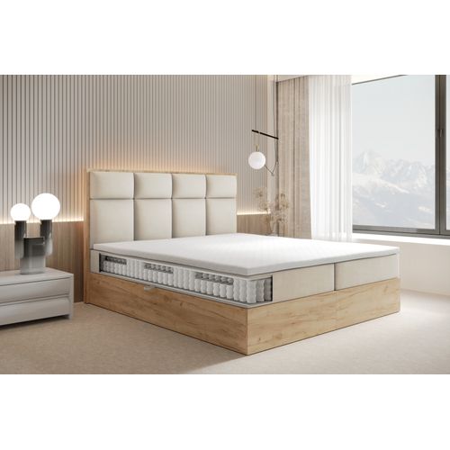 Lit Adulte 160x200 Cm Selva Rangement Matelas Ressorts Ensachés Et Surmatelas En Velours Crème