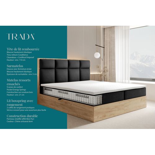 Lit Boxspring 180x200 Cm Selva Rangement Matelas Ressorts Ensachés Et Surmalelas En Velours Noir
