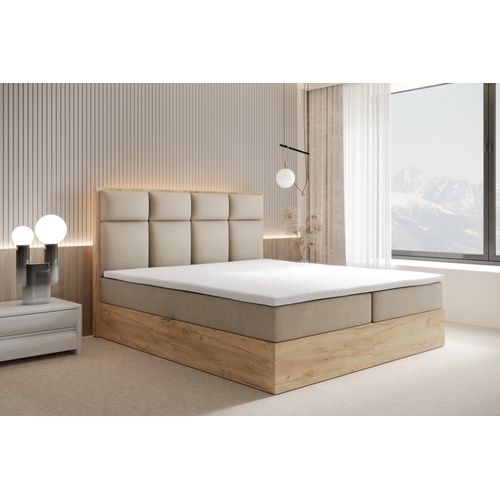Ensemble 200x200 Cm Selva Rangement Matelas Ressorts Ensachés Et Surmatelas En Velours Beige