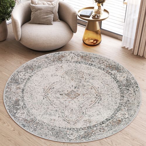Valley Rond Tapis Poil Court Vintage Beige Gris Clair 200x200cm