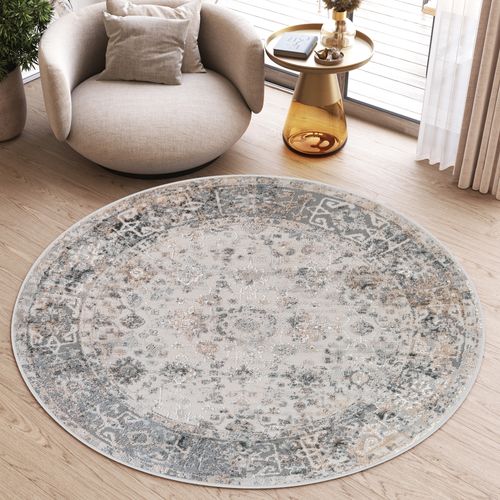Valley Rond Tapis Poil Court Vintage Beige Gris Clair 240x240cm
