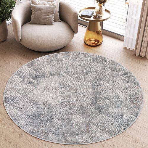 Valley Rond Tapis Poil Court Vintage Beige Gris Clair 120x120cm