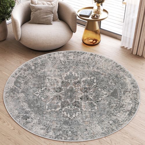 Valley Rond Tapis Poil Court Vintage Beige Gris Clair 200x200cm