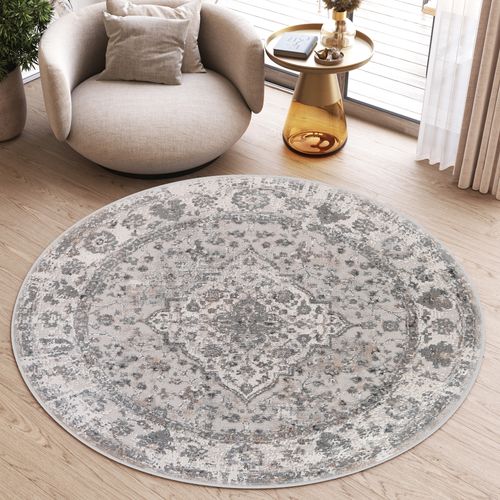 Valley Rond Tapis Poil Court Vintage Beige Gris Clair 100x100cm