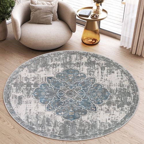 Valley Rond Tapis Poil Court Vintage Beige Gris Clair 160x160cm