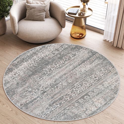 Valley Rond Tapis Poil Court Vintage Beige Gris Clair 160x160cm