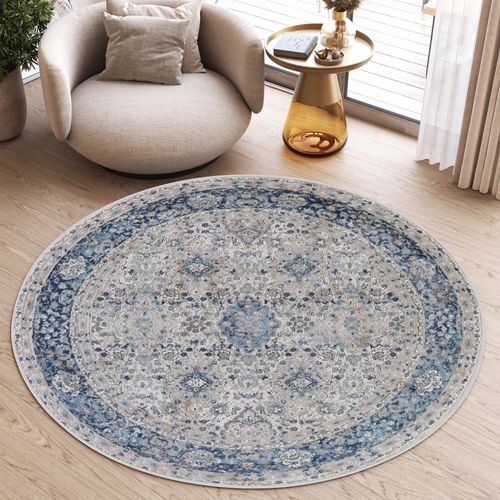 Valley Rond Tapis Poil Court Vintage Beige Gris Clair 100x100cm