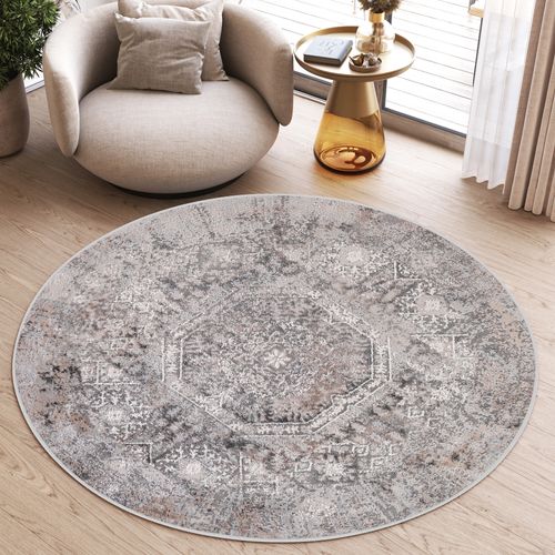 Valley Rond Tapis Poil Court Vintage Beige Gris Clair 160x160cm