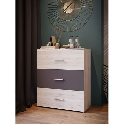 Commode - Adria - 3 Tiroirs - Chene Cendré / Gris Uni - 75,2 X 41,3 X 89,7 Cm