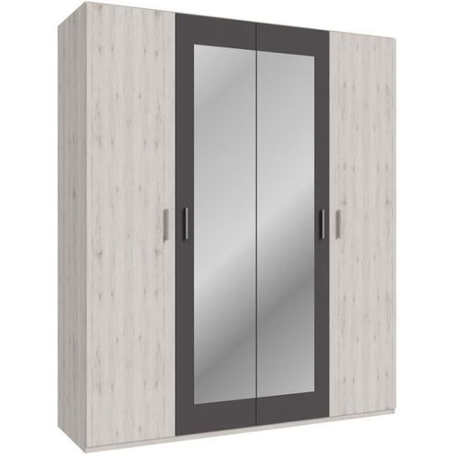 Armoire De Chambre - Adria - Décor Chene Cendré / Gris Foncé - 4 Portes Battantes - 2 Miroirs - L17