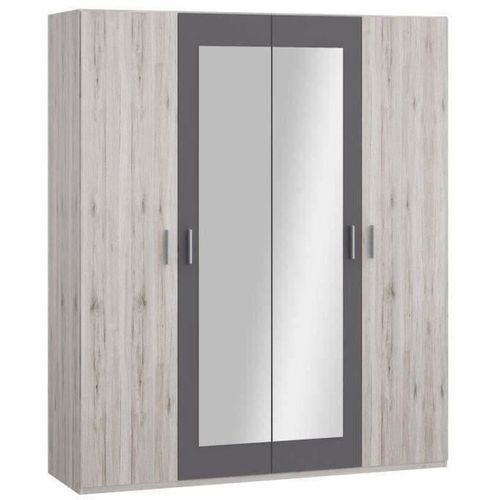 Armoire De Chambre - Adria - Décor Chene Cendré / Gris Foncé - 4 Portes Battantes - 2 Miroirs - L17