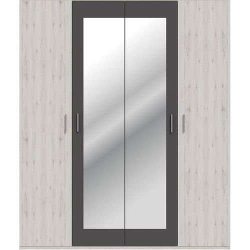 Armoire De Chambre - Adria - Décor Chene Cendré / Gris Foncé - 4 Portes Battantes - 2 Miroirs - L17
