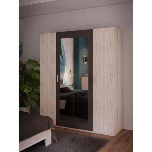 Armoire De Chambre - Adria - Décor Chene Cendré / Gris Foncé - 4 Portes Battantes - 2 Miroirs - L17