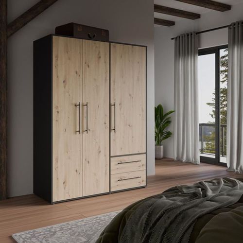 Armoire -  Décor Chene Artisan / Noir - 3 Portes - L144,4 X P58,8 X H200cm - Mokkaris
