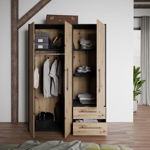 Armoire -  Décor Chene Artisan / Noir - 3 Portes - L144,4 X P58,8 X H200cm - Mokkaris