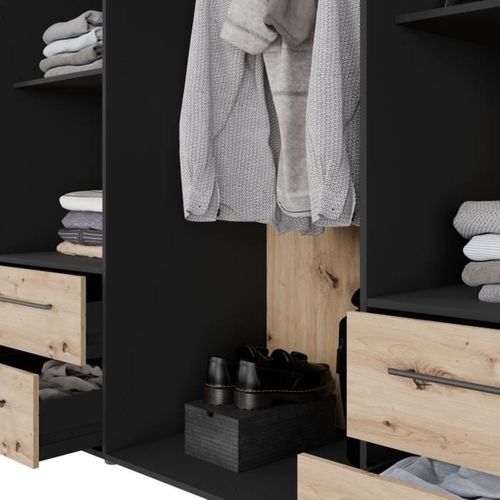 Armoire -  Décor Chene Artisan / Noir - 3 Portes - L144,4 X P58,8 X H200cm - Mokkaris