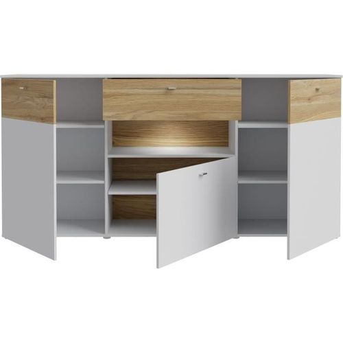 Buffet 3 Portes1 Tiroir LED - Como- 194,8 X 41,3 X 94,5 Cm - Gris / Chêne