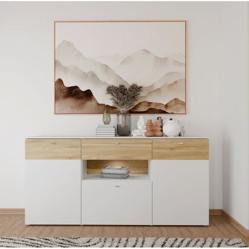 Buffet 3 Portes1 Tiroir LED - Como- 194,8 X 41,3 X 94,5 Cm - Gris / Chêne