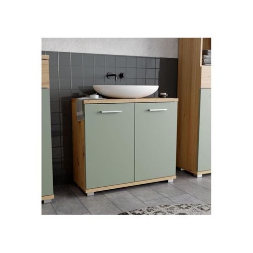 Champ Meuble Sous-lavabo 2 Portes 69,9×28,9×62 Cm Chêne/vert Sauge