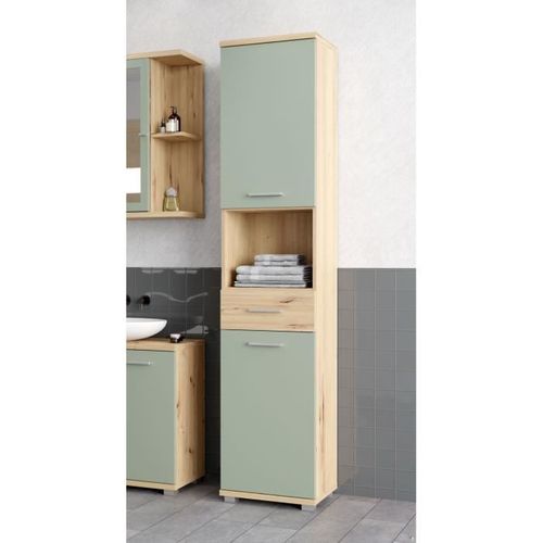 Colonne De Salle De Bain - Chene Artisan / Vert Sauge - 2 Portes - 40,2 X 28,9 X 183,6 Cm