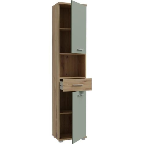 Colonne De Salle De Bain - Chene Artisan / Vert Sauge - 2 Portes - 40,2 X 28,9 X 183,6 Cm