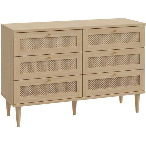 Commode - 6 Tiroirs - Décor Chene - Cannage - L120 X P41,4 X H80 Cm - Calasetta
