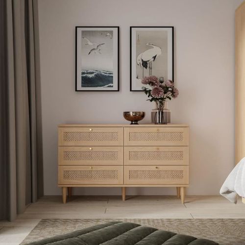 Commode - 6 Tiroirs - Décor Chene - Cannage - L120 X P41,4 X H80 Cm - Calasetta