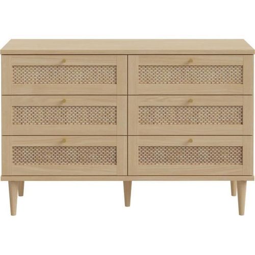 Commode - 6 Tiroirs - Décor Chene - Cannage - L120 X P41,4 X H80 Cm - Calasetta