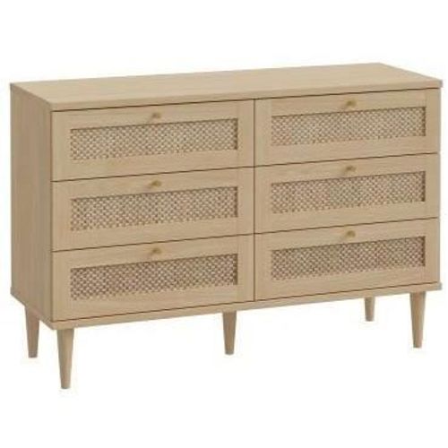 Commode - 6 Tiroirs - Décor Chene - Cannage - L120 X P41,4 X H80 Cm - Calasetta