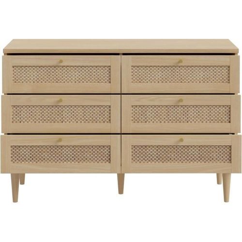 Commode - 6 Tiroirs - Décor Chene - Cannage - L120 X P41,4 X H80 Cm - Calasetta