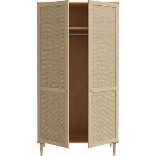 Armoire De Chambre - 2 Portes Battantes - Décor Chene - Cannage - L110 X H208 X P54 Cm - Calasetta