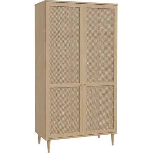 Armoire De Chambre - 2 Portes Battantes - Décor Chene - Cannage - L110 X H208 X P54 Cm - Calasetta