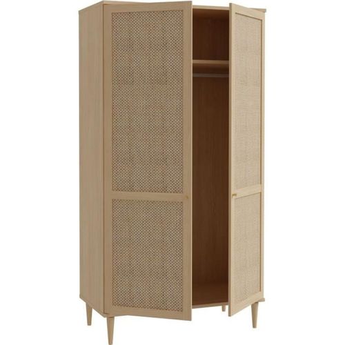Armoire De Chambre - 2 Portes Battantes - Décor Chene - Cannage - L110 X H208 X P54 Cm - Calasetta