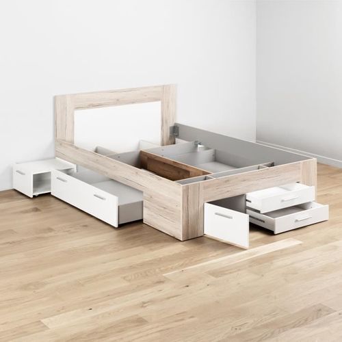 Lit Adulte - Contemporain - Décor Chêne Cendré Et Blanc Mat - L 140 X L 200 Cm