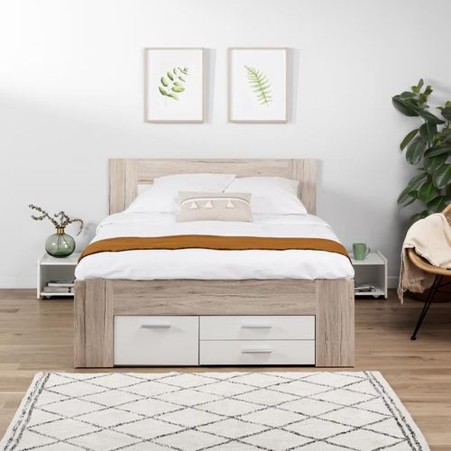 Lit Adulte - Contemporain - Décor Chêne Cendré Et Blanc Mat - L 140 X L 200 Cm