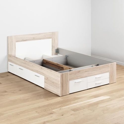 Lit Adulte - Contemporain - Décor Chêne Cendré Et Blanc Mat - L 140 X L 200 Cm