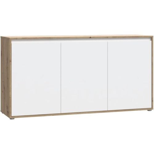 Buffet - Skelpe - Blanc Mat Et Chene - 3 Portes + 3 Tablettes - 152,6 X 42 X 78,5 Cm