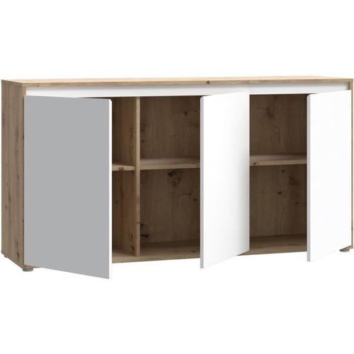 Buffet - Skelpe - Blanc Mat Et Chene - 3 Portes + 3 Tablettes - 152,6 X 42 X 78,5 Cm