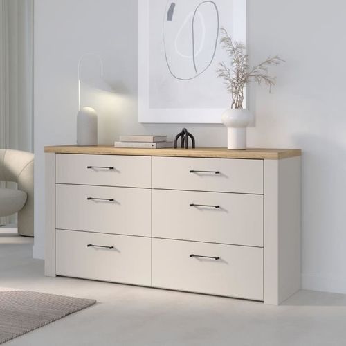 Commode - Nelleke - 6 Tiroirs - Sable / Bois - L156,3 X P41,3 X H83,1 Cm