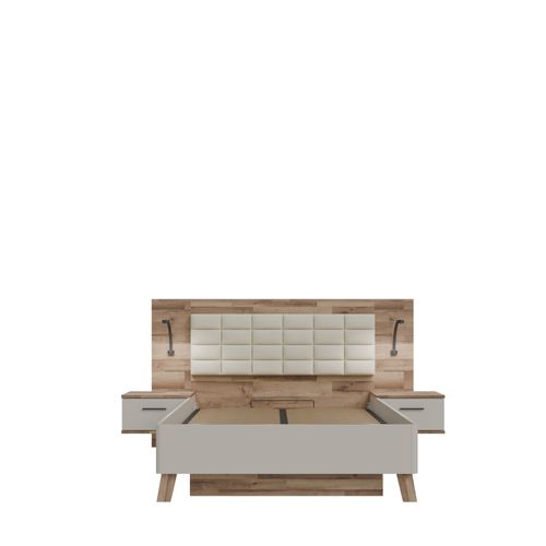 Lit coffre 140x190cm chevets RICCIANO imitation chêne et grège