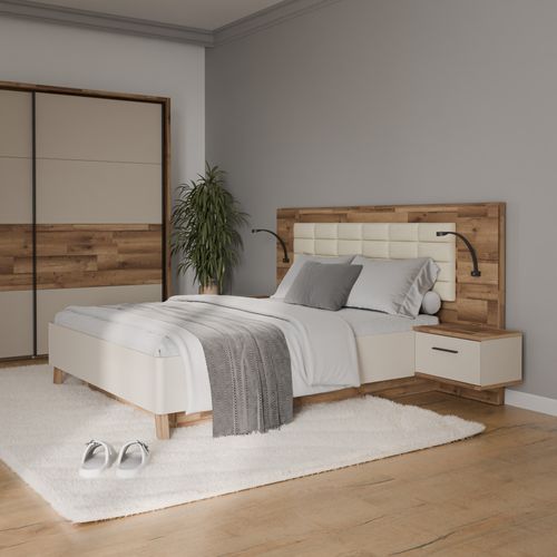 Lit coffre 160x200cm chevets RICCIANO imitation chêne et grège