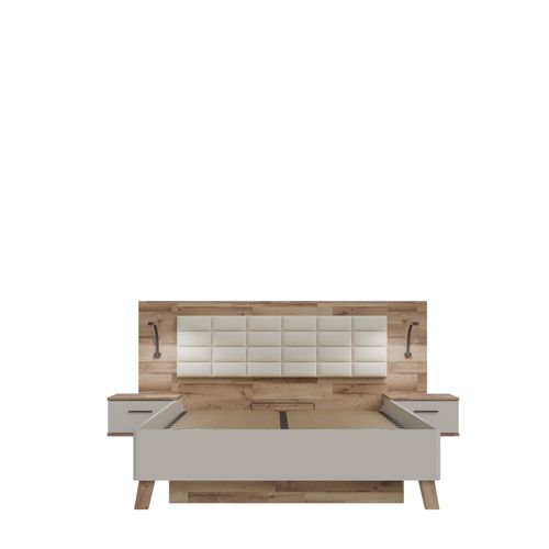 Lit coffre 160x200cm chevets RICCIANO imitation chêne et grège