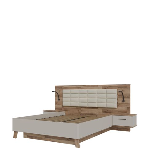 Lit coffre 160x200cm chevets RICCIANO imitation chêne et grège