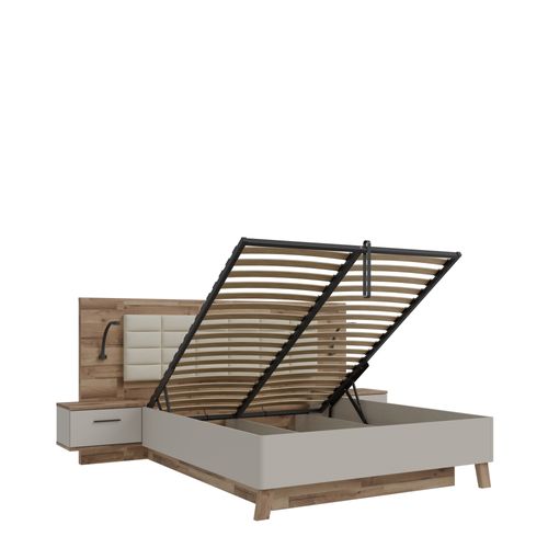 Lit coffre 160x200cm chevets RICCIANO imitation chêne et grège