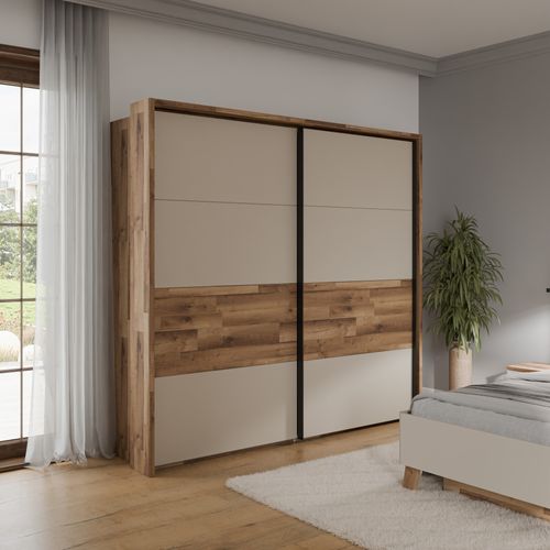 Armoire 2 portes coulissantes RICCIANO imitation chêne et grège
